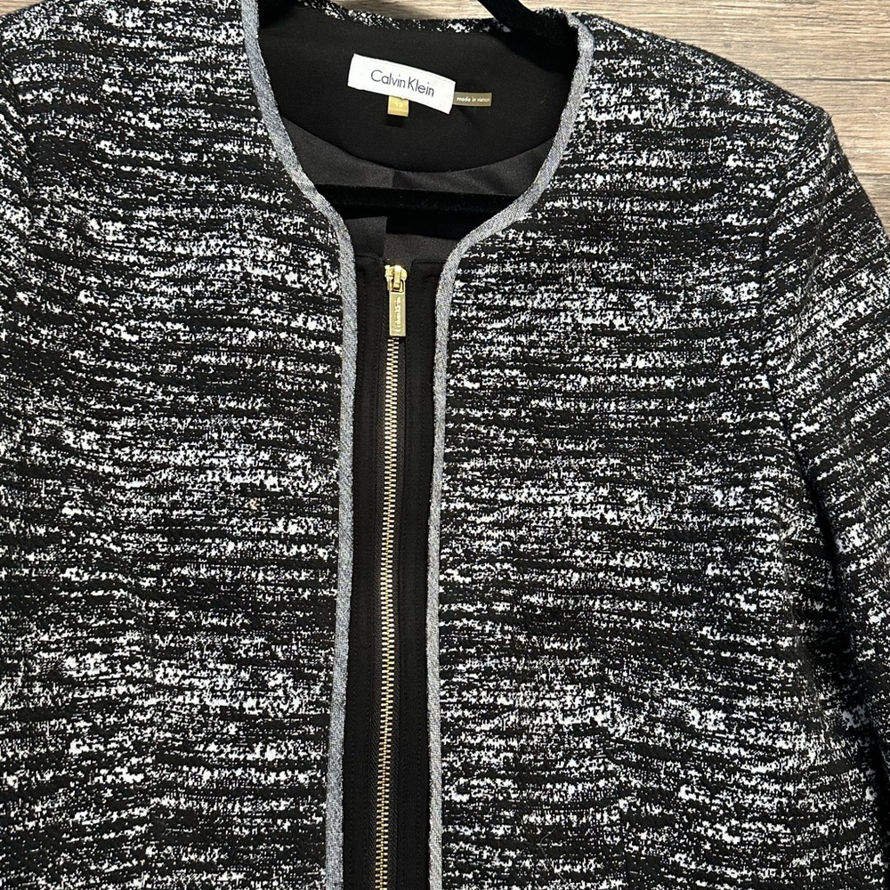 Calvin Klein Black and White Tweed Zip-Front Blazer